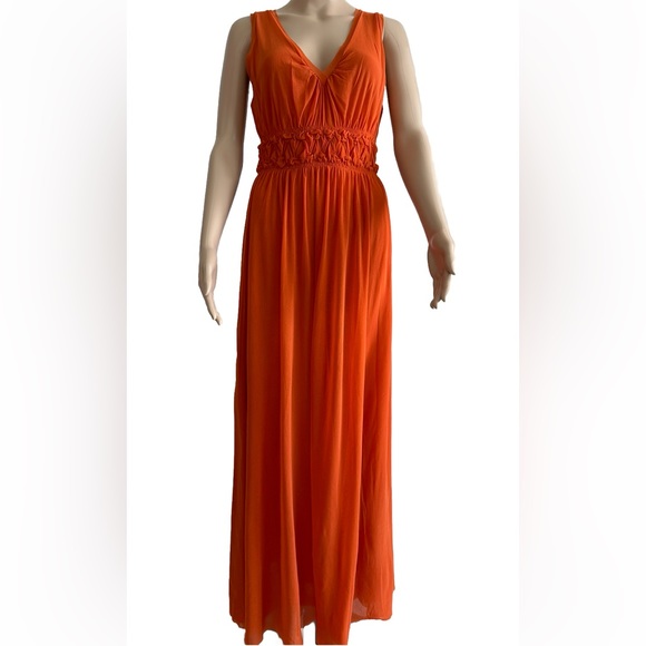 Fuzzi by Jean Paul Gaultier Vneck Mesh maxi Dress, bright orange, size large - Picture 1 of 9